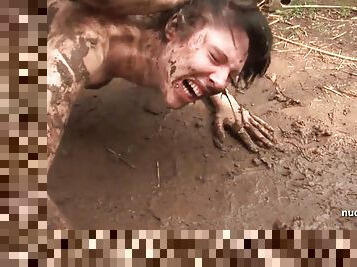 Nude mud wrestling and anal sex punishment outdoors