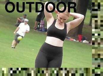 Sexy Phat Ass White Girl blonde in tight lycra pants outdoor