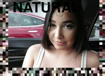 Big natural tits slut with body writing gets degrated during POV car fuck