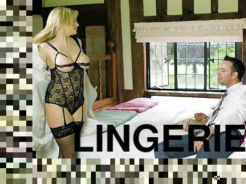 Stunning blonde in sexy lingerie and stockings Katy Jayne riding dick