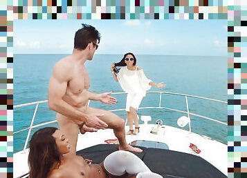 Black chick with big butt getting boned in white stockings on the yacht