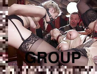 Subs getting strap on and real dicks at group sex