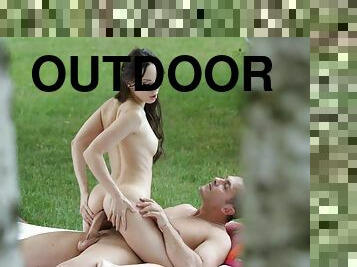 Deep anal sex in the park with young small tits brunette