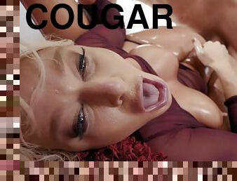 Oiled up cougar with huge melons gets anally fucked