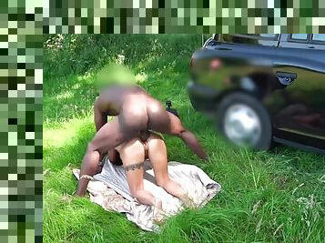 Juicy brunette gets stuffed by a giant black dick outdoors