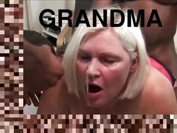 Grandma takes warm facial in group hardcore