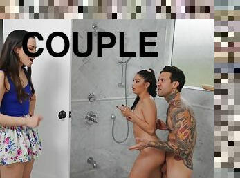 Babe catches couple fucking in shower and joins their games