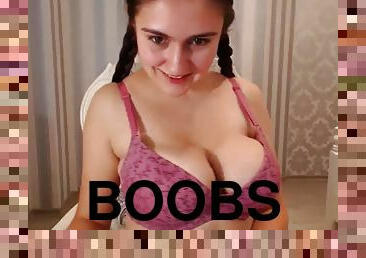 Super sexy long haired polish babe plays with her boobs