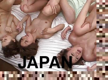 Young Japanese girls with hairy cunts and natura perky tits in group sex orgy with cumshots