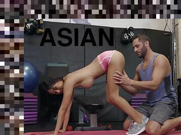 Young Asian girl with firm boobs takes a dick in the gym. HD.