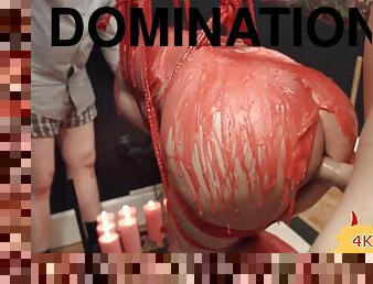 red bondage, wax and BDSM threesome