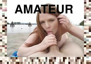 utendørs, offentlig, amatør, blowjob, cumshot, tenåring, strand, rumpe-booty, rødhåret, pov