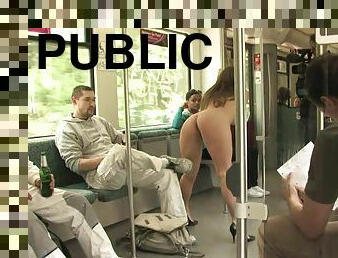 Naked darkhaired babe in crowded public bus
