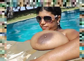 Krissy Pool Fun - Black monster boobs solo outdoors