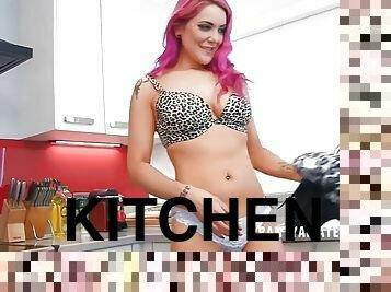 Girl with pink hair strips in the kitchen hd