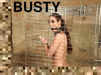 Busty euro sub getting caged and gagged
