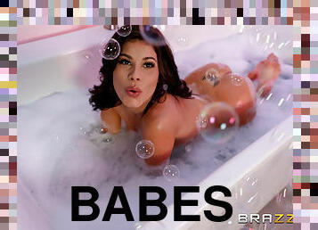 Spunky brunette takes bubble bath before getting fucked
