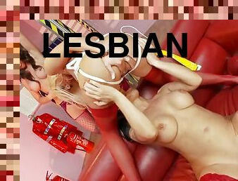 Three beautiful lesbians drilling each others pussies with sex toys
