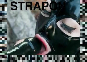 utendørs, strapon, blowjob, dildo, fetisj, latex