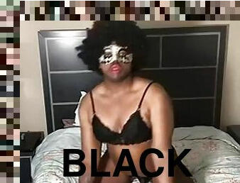 Jerking off on the bed, chubby black crossdresser slut