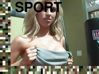 Sporty gym tease with hot blonde