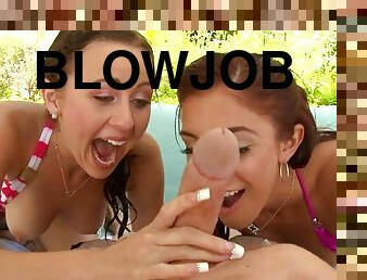 svær, utendørs, blowjob, trekant, pov, svømmebasseng, suging