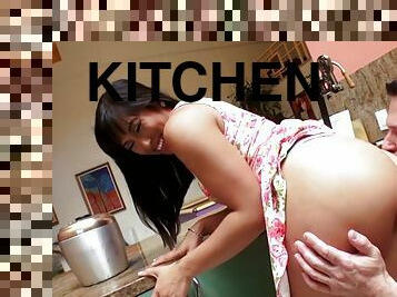 Mia li gets her firm ass worshipped in the kitchen