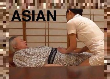 Fine Asian beauty handles a senior cock in charming manners