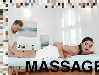 Superb brunette on the massage table, insane porn with the younger man