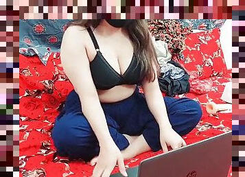 Pakistani mom watching porn on laptop and masturbating with dildo in ass and pussy with loud moans