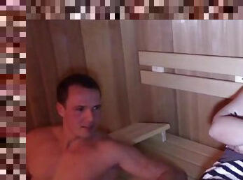 Threesome with a stranger in the sauna with a curvaceous German with saggy tits