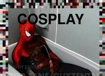 spiderman pisses all over his suit with hard cock, jerks off, cums in raised webbing spidey costume