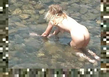 nudiste, en-plein-air, cam, plage, voyeur, butin, blonde, caché, posant