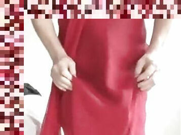 Sarah CD squirts cum in a nice red dress