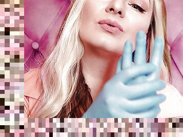 ASMR: blue nitrile gloves fetish - hot sounding - MILF in pink PVC coat (Arya Grander)