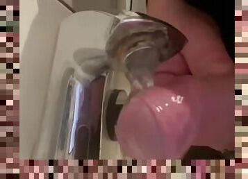 Washing uncut cock in public restroom