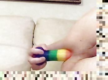 Femboy rails herself with dildo and squirts as she cums from anal