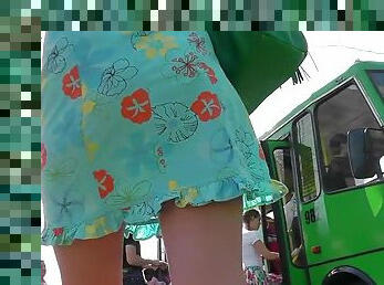 Voyeur enjoying public upskirt scene