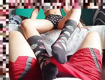 Footjob over shorts, cum through clothes, footjob, sockjob