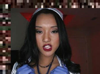 Brunette nurse screams holding huge inches up her cunt