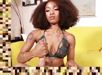 CFNM ebony babe in lingerie handjob toying cock POV