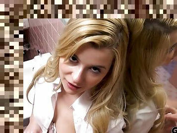 Cute college babe goes wild and dirty in the restroom