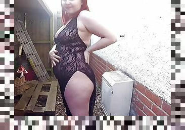 Wife posing in Lingerie in the Yard