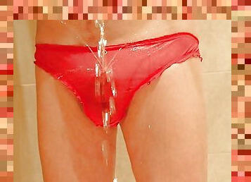 having a nice long piss in my red knickers