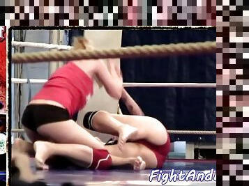 Redhead babe wrestles her les opponent
