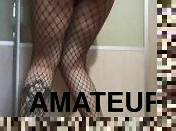 ! OMORASHI! girl in handcuffs and fishnet tights