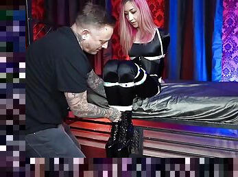 shemale, bdsm, ludder, bound, amerikansk, fetisj, latex, bondage, dominans, små-pupper