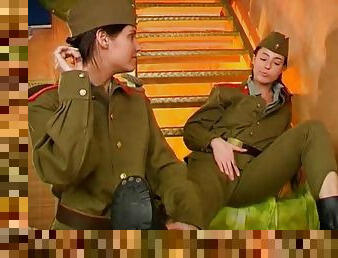 Two lesbian army teens get naughty and fuck each other with dildos