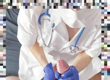 POV CFNM handjob only: nurse helping with hard cum to get a sperm sample for analysis