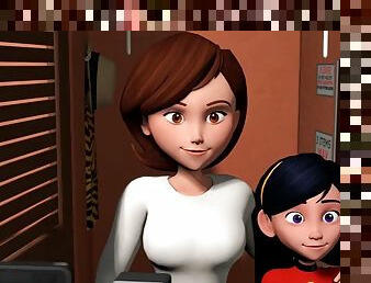 The Incredibles Elastigirl fucks Violet in the locker room with a foot cock